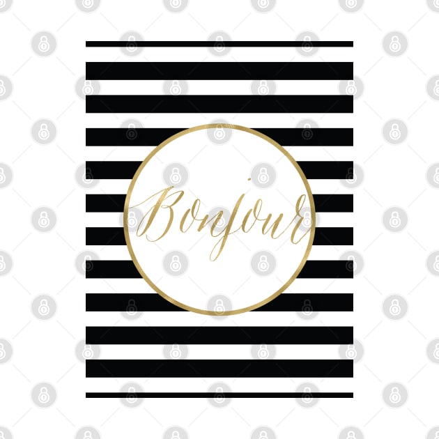 Bonjour Gold, black and white stripe by AmyBrinkman