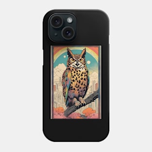 City Skyline of Cute Great Horned Owl Phone Case