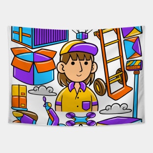 Woman Courier Kawaii Doodle Tapestry