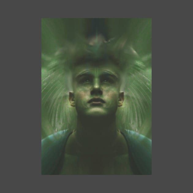 Portrait, digital collage, special processing. Dark, strong. Guy face looking up high. Fantasy. Green, energy flows. by 234TeeUser234