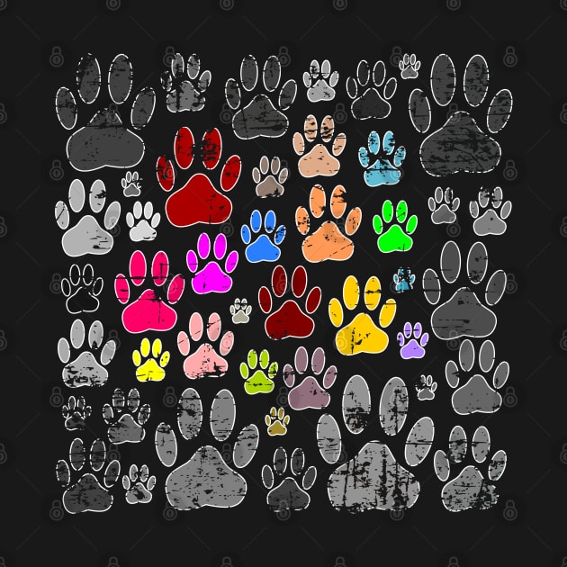 Colorful Distressed Dog Paw Prints On Gray by Braznyc