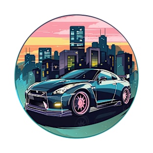 Nissan GT-R R35 inspired car in front of a modern background with city skyline pink T-Shirt