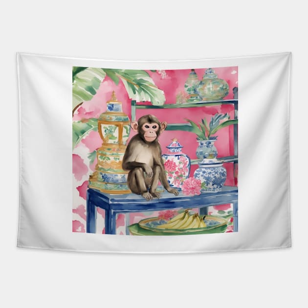 Monkey in chinoiserie interior with bananas Tapestry by SophieClimaArt