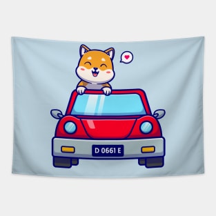 Cute Shiba Inu Driving Car Cartoon Tapestry