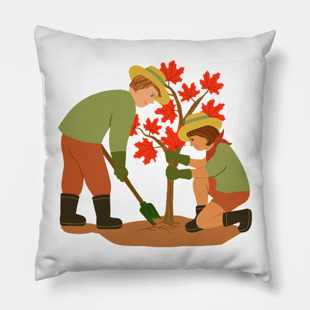 Young couple planting red maple tree. Outdoors gardening concept. Pillow by Nalidsa