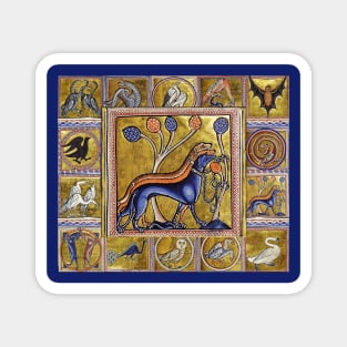 MEDIEVAL BESTIARY THREE DOGS, FANTASTIC ANIMALS IN GOLD RED BLUE COLORS Magnet