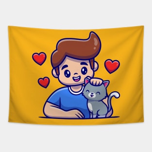 Cute Boy With Cat Cartoon Tapestry