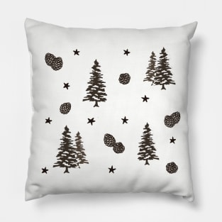 Wintery Pinecone, Snowy Tree and Stars Pattern Digital Illustration Pillow