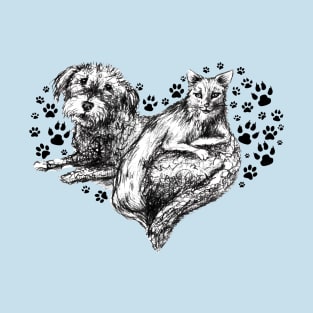 Love 'Em, Don't Leave 'Em, Cat and Dog Heart T-Shirt