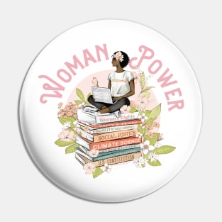 Woman Power - Floral Black Woman on Books Pin