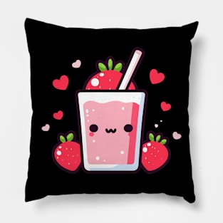 Cute Strawberry Milkshake with Strawberries and Hearts | Kawaii Food Characters Pillow