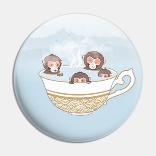 Japanese Monkeys Bathing in Tea Hot Spring Pin