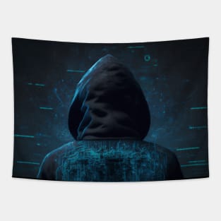 The hacker of the future in blue seen from behind Tapestry