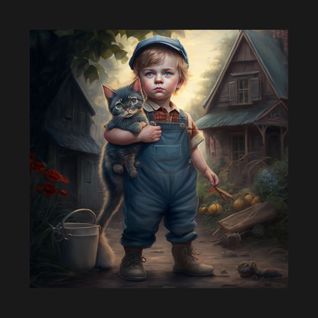 Young boy in his denim coveralls carrying his cat. by Liana Campbell