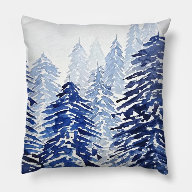 snowy pine forest Pillow by colorandcolor