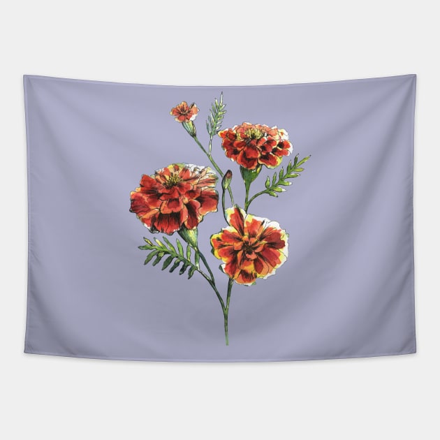 Marigold Flowers Watercolor Painting Tapestry by Ratna Arts