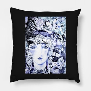 blue sapphire art deco floral flapper collage print Pillow