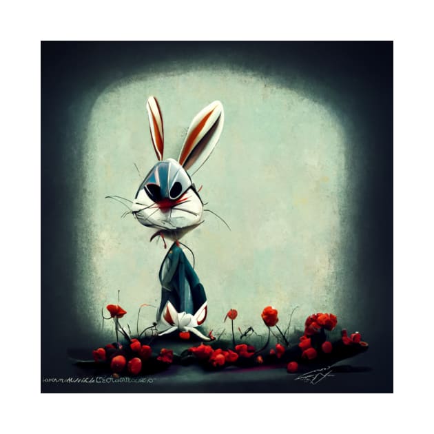 Cartoon sketched bunny rabbit looking less than pleased as he stands in the garden. by Liana Campbell