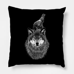 Animal Illustration - Wolf And Crow Pillow
