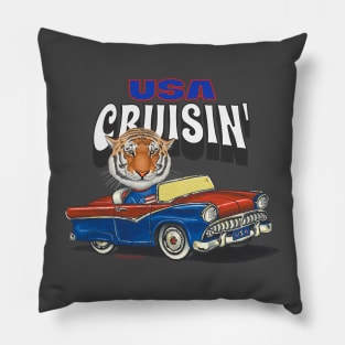 Cute and funny Tiger cruising the USA in an adorable classic car Pillow