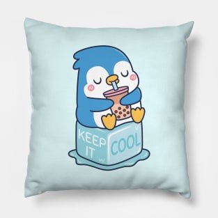 Cute Penguin Drinks Boba Tea Keep It Cool Pillow