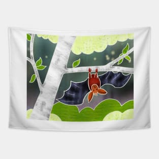 Cute Bat in a Birch Tree, Batik silk painting style Tapestry