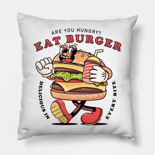 Eat Burger, retro carton burger walking while carrying drinks Pillow