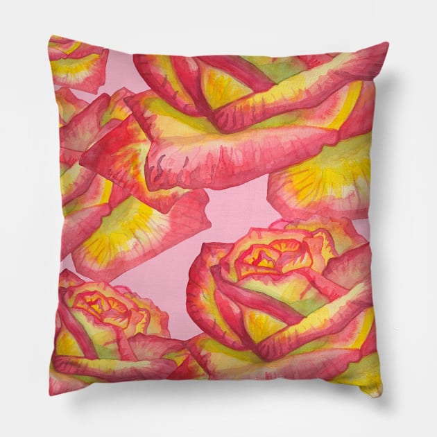 Pink-yellow watercolor rose Pillow by deadblackpony