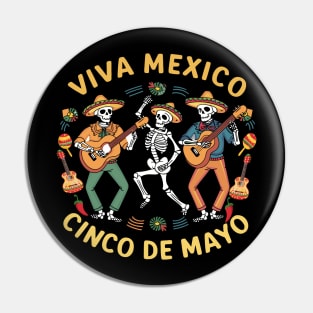 Viva Mexico Cinco De Mayo Colorful Dancing Skeletons Design Pin