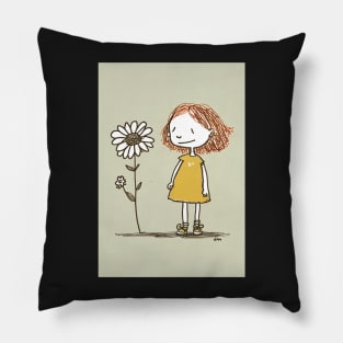 Cute Flower and Girl Illustration Pillow