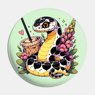 Cute Chibi Coffee Snake with Flowers Pin