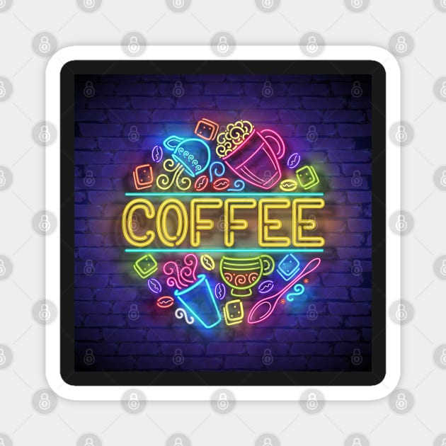 Coffee House Signboard Template with Cups, Swirl Hot Steam, Coffee Beans and Sugar Magnet by lissantee