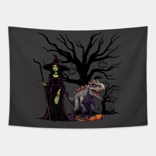 Scary dinasour with witch and pumpkin art for halloween season Tapestry