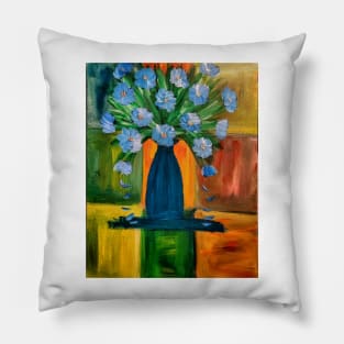 Mixed flowers in turquoise vase on a colorful tiles background Pillow