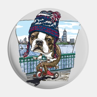 Boston Terrier Dog with Blue Silver and Red Winter Beanie Pin