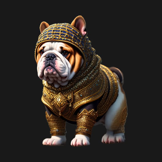 Badass Bulldog Puppy in Golden Chainmail Armor and Helmet by fur-niche