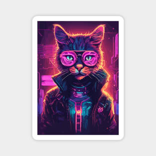 Futuristic Cyberpunk Neon Cat Wearing Glasses Magnet
