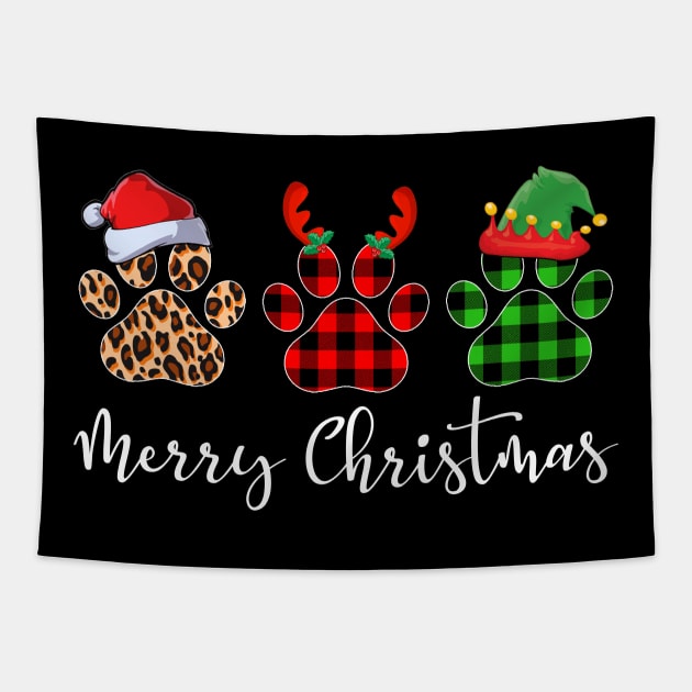 Merry Christmas Leopard Red Green Plaid Dog Paws Tapestry by Dunnhlpp