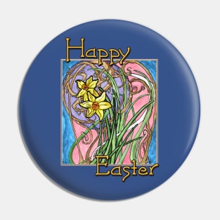 Happy Easter! Colorful Watercolor Daffodils on Blue Marble Pin