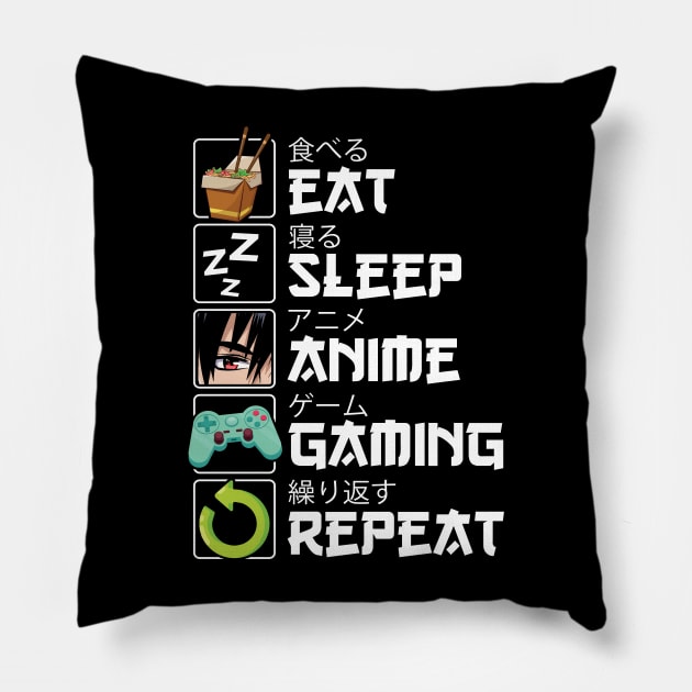 Eat Sleep Anime Gaming Repeat Kawaii Otaku Anime Pillow by Tee-Riss
