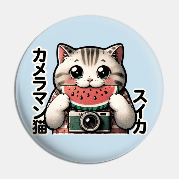 Japanese Photographer Cat with Watermelon - Eclectic Anime Pin by Conversion Threads