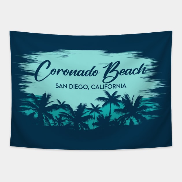 Coronado Beach San Diego California Retro Beach Landscape with Palm Trees Tapestry by Now Boarding