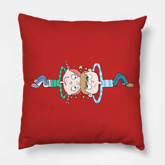 boy and a girl lie down and come up with ideas by touching their heads Pillow by duxpavlic