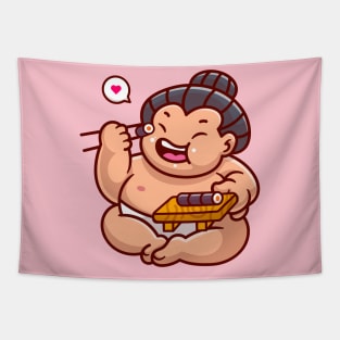 Cute Sumo Eating Sushi Cartoon Tapestry