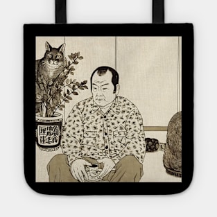 Asian elderly man sitting in lotus position drinking tea Tote