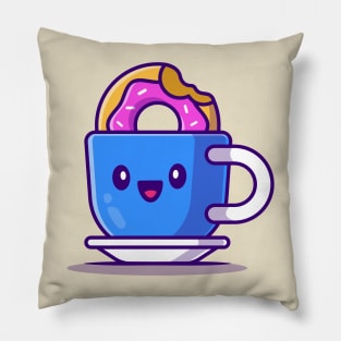 Cute Hot Coffee With Doughnut Cartoon Pillow