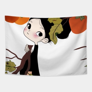 Curious Girl Peeking Behind a Persimmon Tree Branch with Orange Fruits and Green Leaves Tapestry