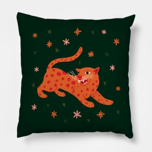 Tiny Orange Cheetah cat in Flower Field illustration Pillow