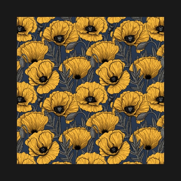 Yellow poppy garden on navy by katerinamk