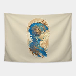 Steampunk Golden Blue Woman 2 - A fusion of old and new technology Tapestry